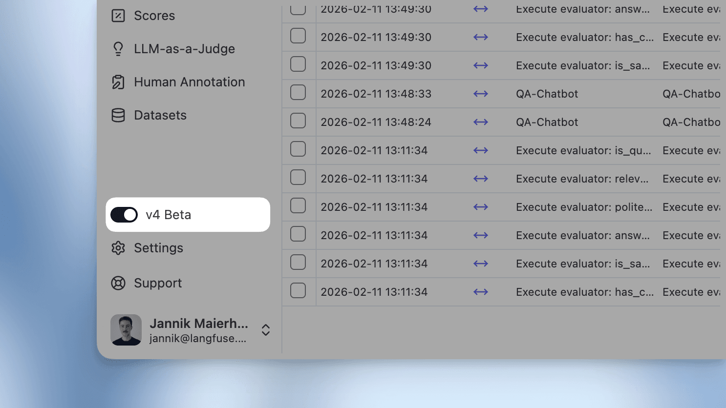 Beta toggle in Langfuse UI